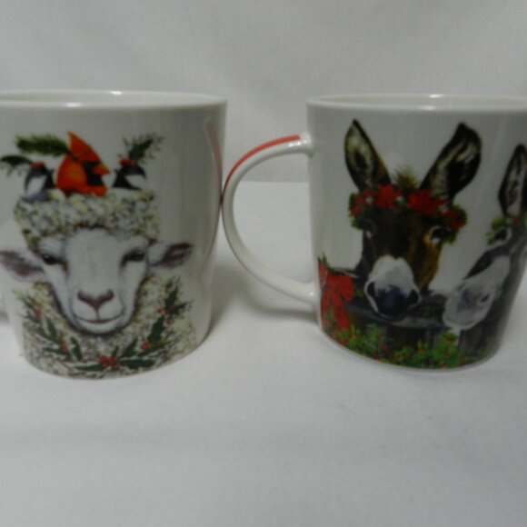Two Can Art PPD Christmas Donkey Sheep Mug Cup Bone China micro dish 14 oz Set 2 - Picture 6 of 11